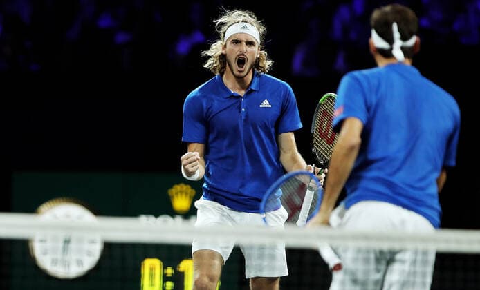 TENNIS - Laver Cup 2019 GENEVA,SWITZERLAND,22.SEP.19 - TENNIS - Laver Cup, Team Europe vs Team World. Image shows the rejocing of Stefanos Tsitsipas (GRE) and Roger Federer (SUI). GEPAxpictures xMatthiasxHauer