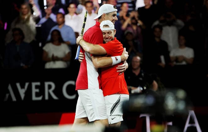 TENNIS - Laver Cup 2019 GENEVA,SWITZERLAND,22.SEP.19 - TENNIS - Laver Cup, Team Europe vs Team World. Image shows the rejoicing of John Isner (USA) and Jack Sock (USA). GEPAxpictures xMatthiasxHauer