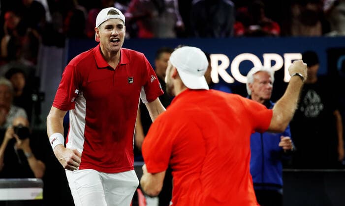 TENNIS - Laver Cup 2019 GENEVA,SWITZERLAND,22.SEP.19 - TENNIS - Laver Cup, Team Europe vs Team World. Image shows the rejoicing of John Isner (USA) and Jack Sock (USA). GEPAxpictures xMatthiasxHauer