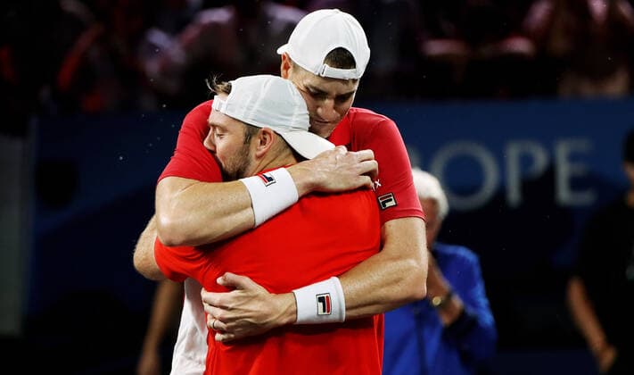 TENNIS - Laver Cup 2019 GENEVA,SWITZERLAND,22.SEP.19 - TENNIS - Laver Cup, Team Europe vs Team World. Image shows the rejoicing of John Isner (USA) and Jack Sock (USA). GEPAxpictures xMatthiasxHauer