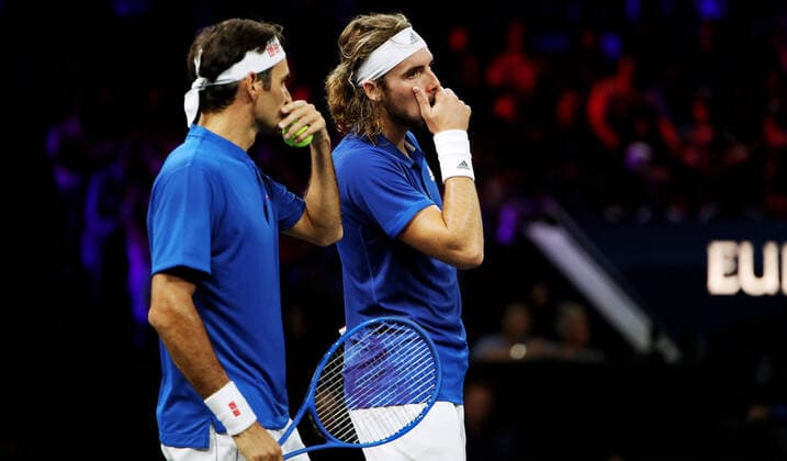 TENNIS - Laver Cup 2019 GENEVA,SWITZERLAND,22.SEP.19 - TENNIS - Laver Cup, Team Europe vs Team World. Image shows Roger Federer (SUI) and Stefanos Tsitsipas (GRE). GEPAxpictures xMatthiasxHauer