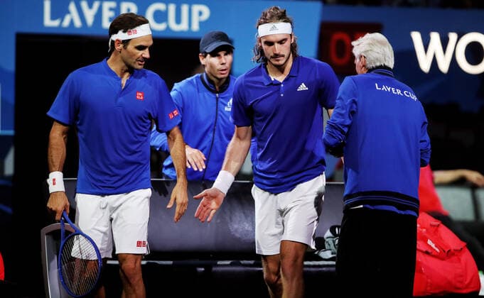 TENNIS - Laver Cup 2019 GENEVA,SWITZERLAND,22.SEP.19 - TENNIS - Laver Cup, Team Europe vs Team World. Image shows Roger Federer (SUI), Rafael Nadal (ESP) and Stefanos Tsitsipas (GRE). GEPAxpictures xMatthiasxHauer