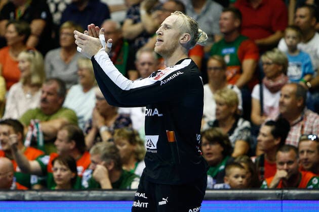 22 09 2019, xtgx, Handball Liqui Moly HBL, SC Magdeburg Rhein Neckar Loewen emspor, v l Mikael Appelgren Rhein Neckar Loewen, 1 Cheers for held ball, defended, held, goalkeeper GETEC Arena