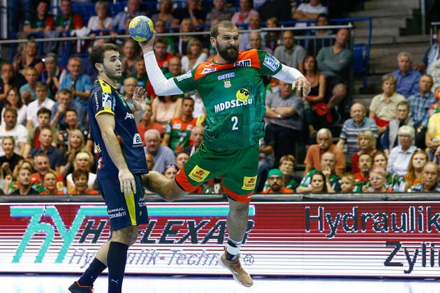 22 09 2019, xtgx, Handball Liqui Moly HBL, SC Magdeburg Rhein Neckar Loewen emspor, v l Zeljko Musa Magdeburg, 2 scores goal, goal scorer, scores goal, scores goal GETEC Arena