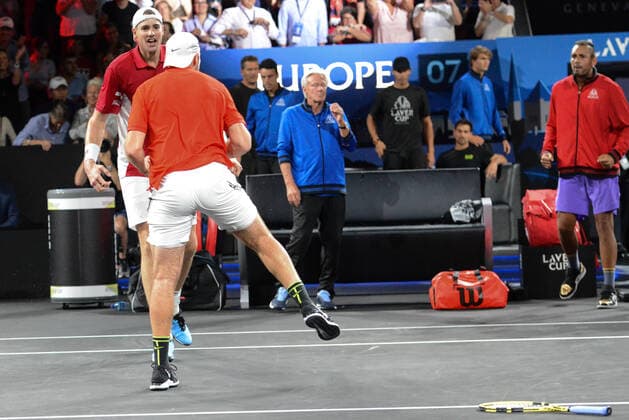September 22, 2019, Geneva, Switzerland: JOHN ISNER and JACK SOCK celebrate winning their doubles match in the Laver Cup tennis event in Geneva Switzerland. Tennis 2019: Laver Cup Day 3 - ZUMAl132 20190922_zap_l132_001 Copyright: xChristopherxLevyx