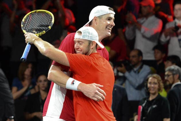 September 22, 2019, Geneva, Switzerland: JOHN ISNER and JACK SOCK celebrate after winning their doubles match in the Laver Cup tennis event in Geneva Switzerland. Tennis 2019: Laver Cup Day 3 - ZUMAl132 20190922_zap_l132_003 Copyright: xChristopherxLevyx