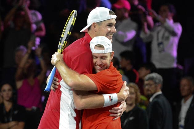 September 22, 2019, Geneva, Switzerland: JOHN ISNER and JACK SOCK celebrate after winning their doubles match in the Laver Cup tennis event in Geneva Switzerland. Tennis 2019: Laver Cup Day 3 - ZUMAl132 20190922_zap_l132_004 Copyright: xChristopherxLevyx