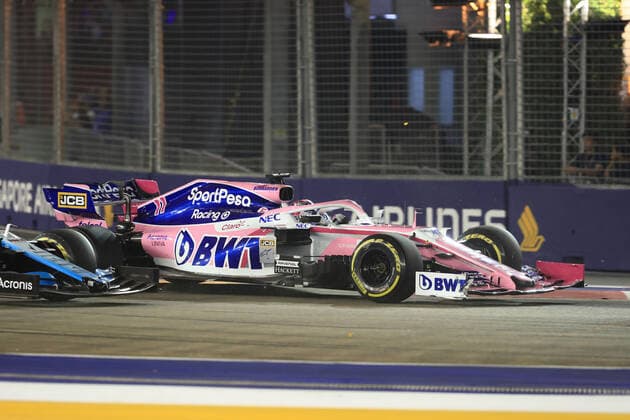 22nd September 2019; The Marina Bay Circuit, Marina Bay, Singapore; Formula One, Race Day; SportPesa Racing Point, Sergio Perez loses part of front wing  ActionPlus12170268 Octane