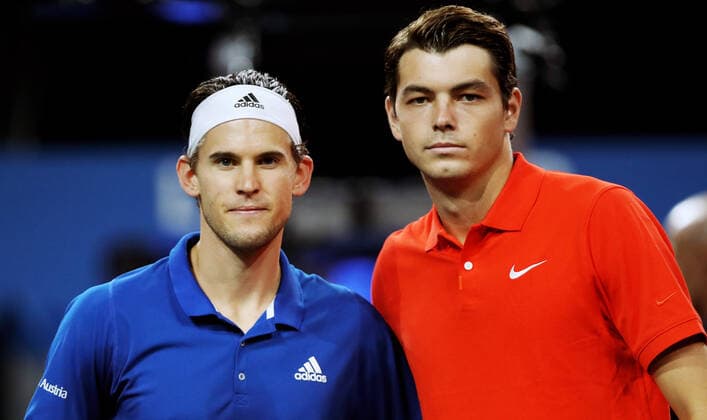 TENNIS - Laver Cup 2019 GENEVA,SWITZERLAND,22.SEP.19 - TENNIS - Laver Cup, Team Europe vs Team World. Image shows Dominic Thiem (AUT) and Taylor Fritz (USA). GEPAxpictures xMatthiasxHauer