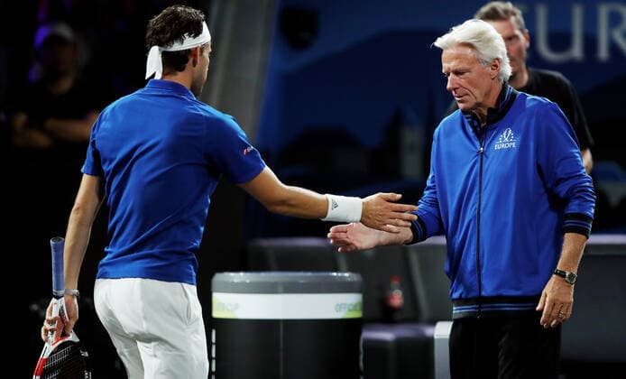 TENNIS - Laver Cup 2019 GENEVA,SWITZERLAND,22.SEP.19 - TENNIS - Laver Cup, Team Europe vs Team World. Image shows Dominic Thiem (AUT) and Bjoern Borg. GEPAxpictures xMatthiasxHauer