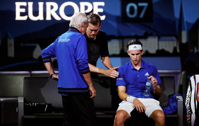 TENNIS - Laver Cup 2019 GENEVA,SWITZERLAND,22.SEP.19 - TENNIS - Laver Cup, Team Europe vs Team World. Image shows Bjoern Borg, Thomas Enqvist and Dominic Thiem (AUT). GEPAxpictures xMatthiasxHauer