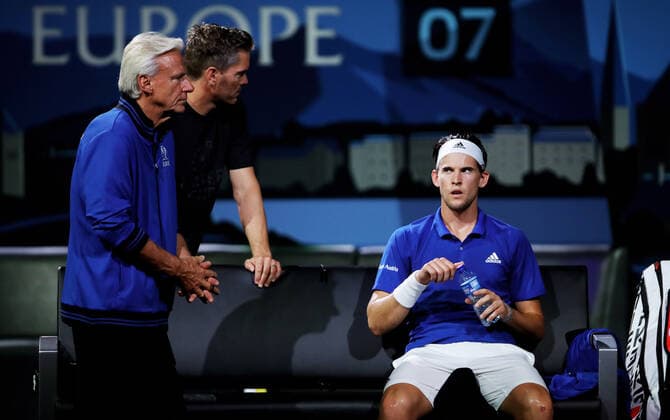 TENNIS - Laver Cup 2019 GENEVA,SWITZERLAND,22.SEP.19 - TENNIS - Laver Cup, Team Europe vs Team World. Image shows Bjoern Borg, Thomas Enqvist and Dominic Thiem (AUT). GEPAxpictures xMatthiasxHauer