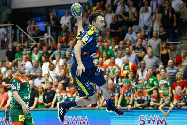 22 09 2019, xtgx, Handball Liqui Moly HBL, SC Magdeburg Rhein Neckar Loewen emspor, v l Patrick Groetzki Rhein Neckar Loewen, 24 scores goal, scorer, scored goal, scored goal GETEC Arena
