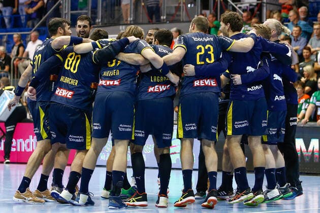 22 09 2019, xtgx, Handball Liqui Moly HBL, SC Magdeburg Rhein Neckar Loewen emspor, v l Rhein Neckar Loewen Jubilee about the victory, Jubilee after the end of the game GETEC Arena