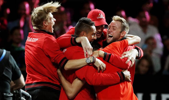 TENNIS - Laver Cup 2019 GENEVA,SWITZERLAND,22.SEP.19 - TENNIS - Laver Cup, Team Europe vs Team World. Image shows the rejoicing of Denis Shapovalov (CAN), Nick Kyrgios (AUS), John Isner (USA) and Jack Sock (USA). GEPAxpictures xMatthiasxHauer