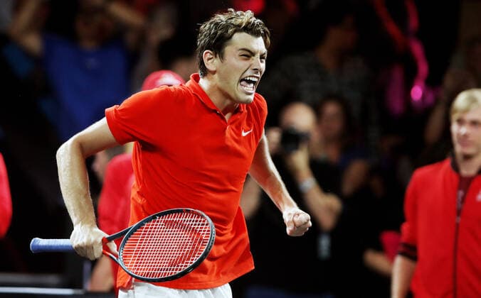 TENNIS - Laver Cup 2019 GENEVA,SWITZERLAND,22.SEP.19 - TENNIS - Laver Cup, Team Europe vs Team World. Image shows the rejoicing of Taylor Fritz (USA). GEPAxpictures xMatthiasxHauer