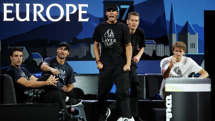 TENNIS - Laver Cup 2019 GENEVA,SWITZERLAND,22.SEP.19 - TENNIS - Laver Cup, Team Europe vs Team World. Image shows Roberto Bautista Agut (ESP), Fabio Fognini (ITA), Rafael Nadal (ESP), Thomas Enqvist and Alexander Zverev (GER). GEPAxpictures xMatthiasxHauer