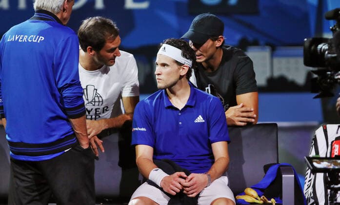 TENNIS - Laver Cup 2019 GENEVA,SWITZERLAND,22.SEP.19 - TENNIS - Laver Cup, Team Europe vs Team World. Image shows Roger Federer (SUI), Dominic Thiem (AUT) and Rafael Nadal (ESP). GEPAxpictures xMatthiasxHauer