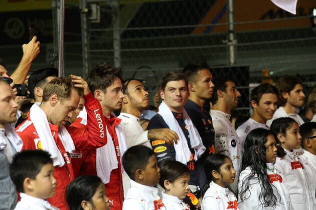 Photo4 LaPresse 22 09 2019 Singapore, Singapore Grand Prix Formula One Singapore 2019 In the pic: Sebastian Vettel (GER) Scuderia Ferrari SF90, Charles Leclerc (MON) Scuderia Ferrari SF90, Lewis Hamilton (GBR) Mercedes AMG F1 W10 and Max Verstappen (NED) Red Bull Racing RB15  Copyright: xPhoto4 LaPressex