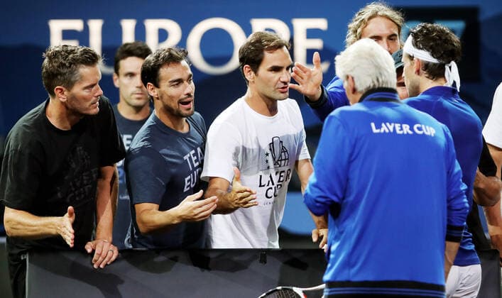 TENNIS - Laver Cup 2019 GENEVA,SWITZERLAND,22.SEP.19 - TENNIS - Laver Cup, Team Europe vs Team World. Image shows Thomas Enqvist, Fabio Fognini (ITA), Roger Federer (SUI), Stefanos Tsitsipas (GRE) and Dominic Thiem (AUT). GEPAxpictures xMatthiasxHauer