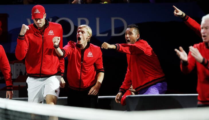 TENNIS - Laver Cup 2019 GENEVA,SWITZERLAND,22.SEP.19 - TENNIS - Laver Cup, Team Europe vs Team World. Image shows John Isner (USA), Denis Shapovalov (CAN) and Nick Kyrgios (AUS). GEPAxpictures xMatthiasxHauer