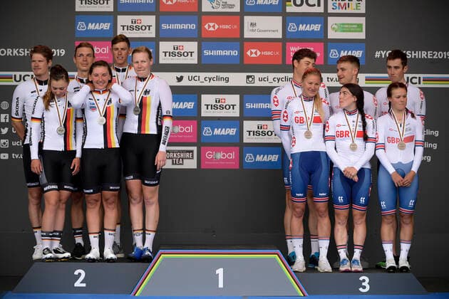 Bilder des Jahres 2019, Sport 09 September Sport Themen der Woche KW38 Sport Bilder des Tages Team Germany and Team Great Britain pictured on the podium after the Team Time Trial Mixed Relay at the UCI Road World Championships cycling in Harrogate, North Yorkshire, United Kingdom, Sunday 22 September 2019. The Worlds are taking place from 21 to 29 September. YORICKxJANSENS  x05669431x