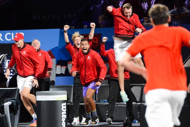 September 22, 2019, Geneva, Switzerland: Members of Team World celebrate after Taylor Fritz won his match v. D. Thiem in the Laver Cup tennis event in Geneva Switzerland. Tennis 2019: Laver Cup Day 3 - ZUMAl132 20190922_zap_l132_013 Copyright: xChristopherxLevyx