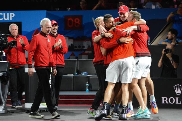 September 22, 2019, Geneva, Switzerland: Members of Team World celebrate after Taylor Fritz won his match v. D. Thiem in the Laver Cup tennis event in Geneva Switzerland. Tennis 2019: Laver Cup Day 3 - ZUMAl132 20190922_zap_l132_014 Copyright: xChristopherxLevyx