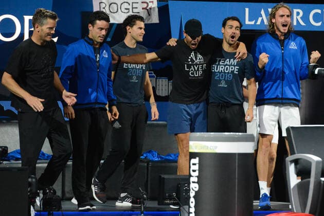 September 22, 2019, Geneva, Switzerland: Members of Team Europe celebrate after Roger Federer won his match v. J. Isner in the Laver Cup tennis event in Geneva Switzerland. Tennis 2019: Laver Cup Day 3 - ZUMAl132 20190922_zap_l132_026 Copyright: xChristopherxLevyx