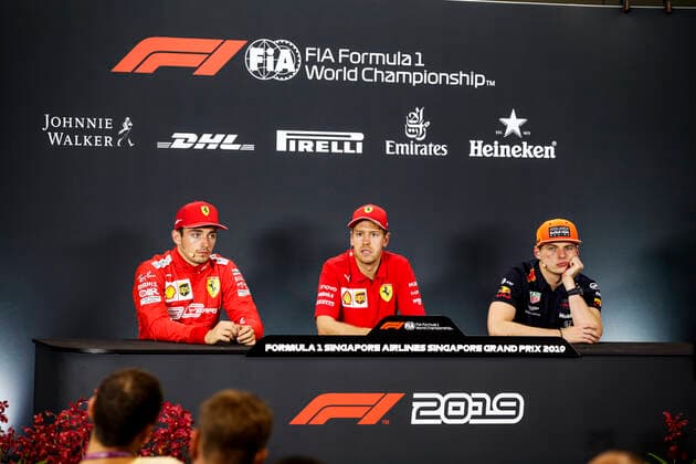 Motorsports: FIA Formula One World Championship, WM, Weltmeisterschaft 2019, Grand Prix of Singapore, 16 Charles Leclerc (MCO, Scuderia Ferrari Mission Winnow), 5 Sebastian Vettel (GER, Scuderia Ferrari Mission Winnow), 33 Max Verstappen (NLD, Aston Martin Red Bull Racing), Singapore Singapore