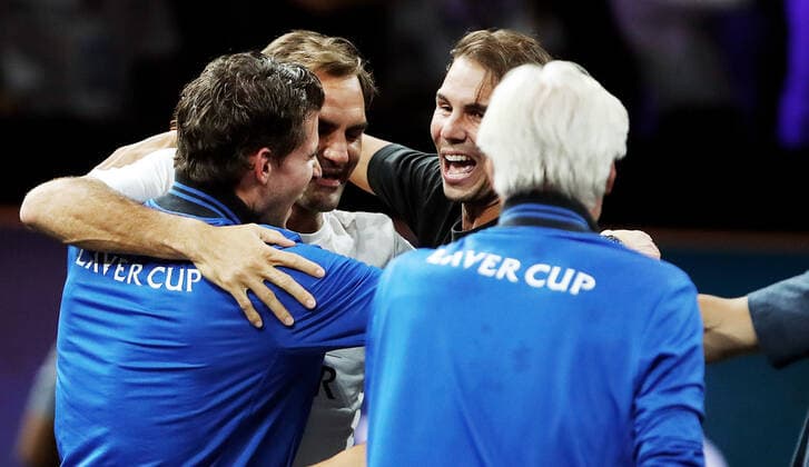 TENNIS - Laver Cup 2019 GENEVA,SWITZERLAND,22.SEP.19 - TENNIS - Laver Cup, Team Europe vs Team World. Image shows the rejoicing of Dominic Thiem (AUT), Roger Federer (SUI) and Rafael Nadal (ESP). GEPAxpictures xMatthiasxHauer