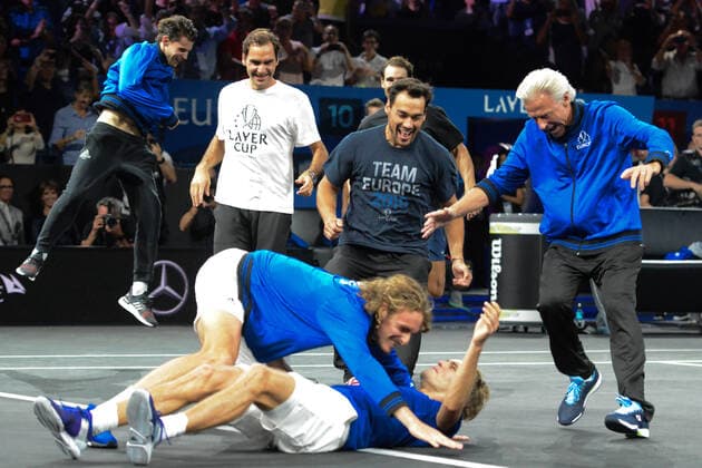 September 22, 2019, Geneva, Switzerland: Members of Team Europe celebrate winning the Laver Cup tennis event in Geneva Switzerland. Tennis 2019: Laver Cup Day 3 - ZUMAl132 20190922_zap_l132_033 Copyright: xChristopherxLevyx
