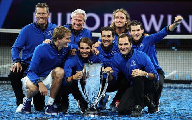 TENNIS - Laver Cup 2019 GENEVA,SWITZERLAND,22.SEP.19 - TENNIS - Laver Cup, Team Europe vs Team World. Image shows Thomas Enqvist, Alexander Zverev (GER), Bjoern Borg, Rafael Nadal (ESP), Fabio Fognini (ITA), Stefanos Tsitsipas (GRE), Roger Federer (SUI) and Dominic Thiem (AUT). GEPAxpictures xMatthiasxHauer