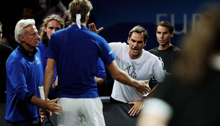 TENNIS - Laver Cup 2019 GENEVA,SWITZERLAND,22.SEP.19 - TENNIS - Laver Cup, Team Europe vs Team World. Image shows Bjoern Borg, Stefanos Tsitsipas (GRE), Alexander Zverev (GER), Roger Federer (SUI) and Rafael Nadal (ESP). GEPAxpictures xMatthiasxHauer