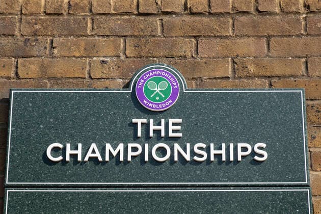 Wimbledon feature, THE CHAMPIONSHIPS sign on a brick wall, close-up, detail, symbol photo, logo, Copyright: xJuergenxHasenkopfx