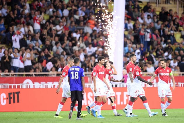 JOIE - 17 ALEKSANDR GOLOVIN (MONA) - 22 JEAN KEVIN AUGUSTIN (MONA) - 04 CESC FABREGAS (MONA) FOOTBALL : Monaco vs Nice - Ligue 1 Conforama - 24 09 2019 FEP Panoramic 