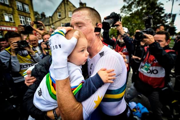 Australian Rohan Dennis celebrates with his wife Melissa Hoskins and their son after a training session and track reconnaissance ahead of the UCI Road World Championships cycling in Harrogate, North Yorkshire, United Kingdom, Wednesday 25 September 2019. The Worlds are taking place from 21 to 29 September. YORICKxJANSENS  x05671699x