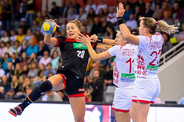 Coburg, Germany 25 September 2019 EHF Women EM Qualification Germany vs Belarus v li Emily Boelk Bölk Germany Thuringia HC , Liliya Artsiukhovich Belarus , Viktoryia Shamanouskaya Belarus Coburg HUK Coburg Arena Bayern Germany