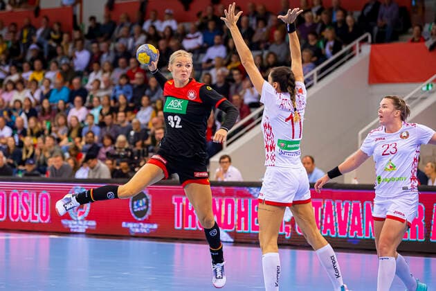 Coburg, Germany 25 September 2019 EHF Women EM Qualification Germany vs Belarus v li Evgenija Minevskaja Germany Brest , Liliya Artsiukhovich Belarus Coburg HUK Coburg Arena Bayern Germany