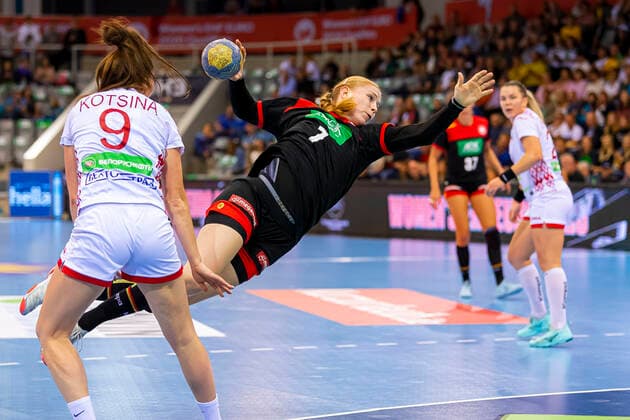 Coburg, Germany 25 September 2019 EHF Women EM Qualification Germany vs Belarus v li Nataliya Kotsina Belarus , Meike Schmelzer Germany Thuringia HC Coburg HUK Coburg Arena Bayern Germany