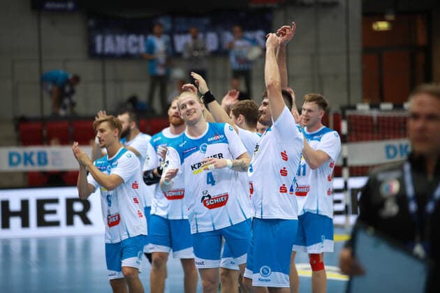Jubilation after the end of the game at TVB 1898 Stuttgart TVB 1898 Stuttgart HC Erlangen, DHB Cup, 1 8 Final on 25 09 2019 Stuttgart Copyright: xEIBNER Benjamin_Laux EP_BLU