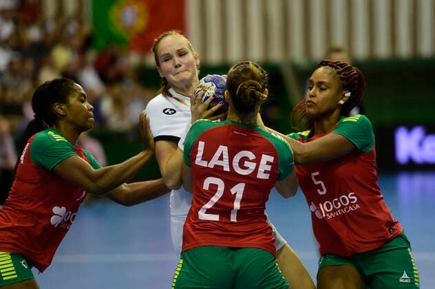 L-R Claudia Correia (Portugal), Kamila Kordovska (Czech), Adriana Lage and Patricia Fernandes (both Portugal) in action during the Qualifier for women s handball European Championship, EM, Europameisterschaft Czechia vs Portugal in Olomouc, Czech Republic, September 25, 2019. (CTKxPhoto LudekxPerina) CTKPhotoP201909251127601  LPE 009