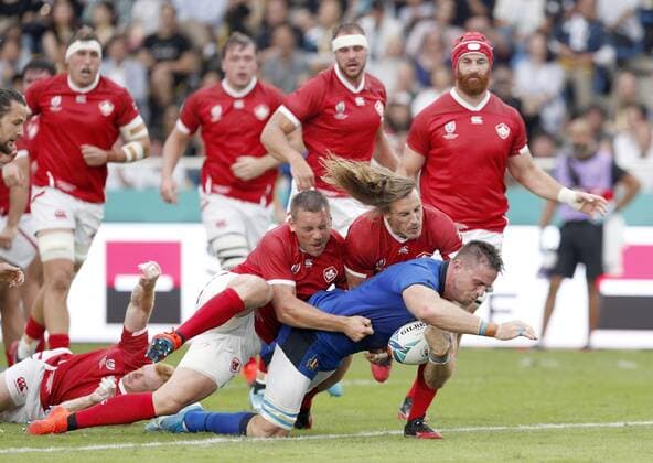 Rugby World Cup in Japan: Italy v Canada Braam Steyn of Italy scores a try during the first half a Rugby World Cup Pool B match against Canada on Sept. 26, 2019, in Fukuoka, southwestern Japan. 