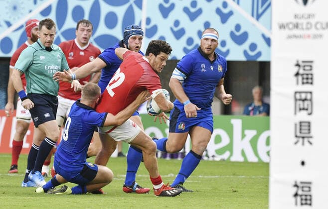 Rugby World Cup in Japan: Italy v Canada Ciaran Hearn of Canada is tackled by an Italy player during the first half of a Rugby World Cup Pool B match on Sept. 26, 2019, in Fukuoka, southwestern Japan. 