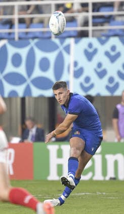 Rugby World Cup in Japan: Italy v Canada Tommaso Allan of Italy kicks a conversion during the second half of a Rugby World Cup Pool B match against Canada on Sept. 26, 2019, in Fukuoka, southwestern Japan. 