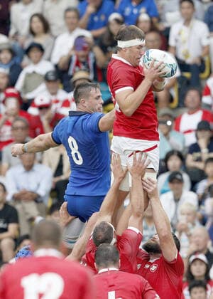 Rugby World Cup in Japan: Italy v Canada Josh Larsen of Canada wins a lineout during the first half of a Rugby World Cup Pool B match against Italy on Sept. 26, 2019, in Fukuoka, southwestern Japan. The lineout throw was subsequently ruled not straight. 