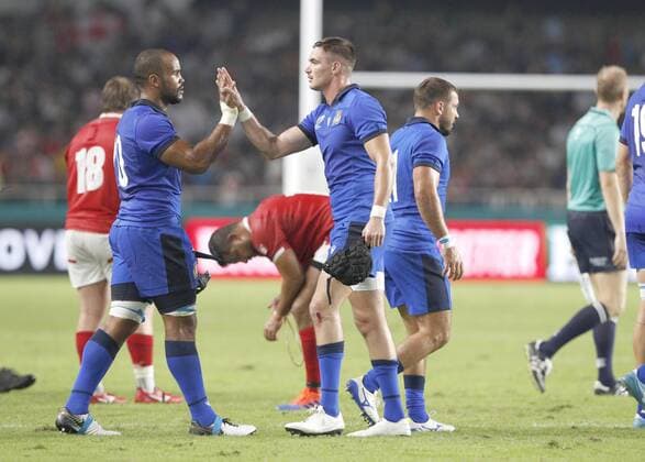 Rugby World Cup in Japan: Italy v Canada Italy players celebrate after their 48-7 victory against Canada in a Rugby World Cup Pool B match on Sept. 26, 2019, in Fukuoka, southwestern Japan. 