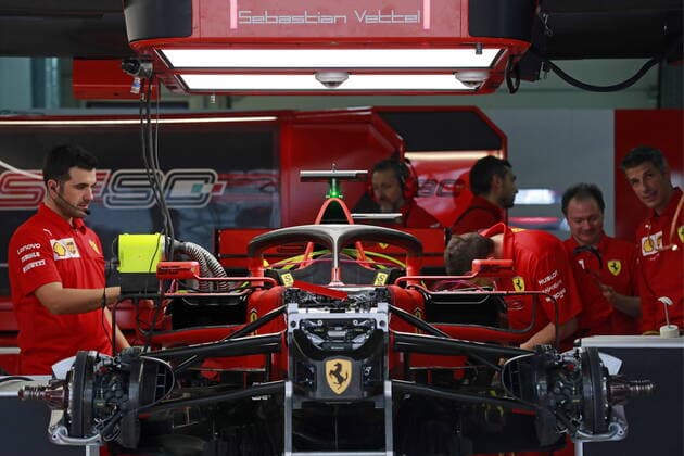 SOCHI, RUSSIA - SEPTEMBER 25, 2019: Scuderia Ferrari racing team is pictured at Sochi Autodrom two days before Formula 1 Russian Grand Prix 2019 in the Black Sea resort of Sochi. Sergei Fadeichev TASS  TS0BC6D7