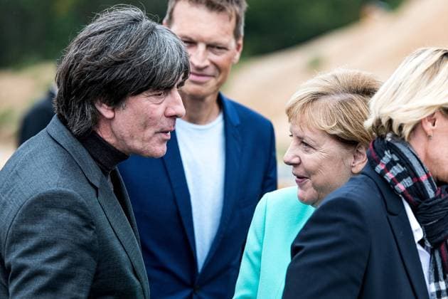 26 09 2019, xfux, Soccer DFB Academy, laying of the foundation stone new DFB headquarters and academy in Frankfurt am Main, emspor, v l Coach Joachim JOGI Loew German Soccer National Team DFB , Chancellor Angela Merkel CDU Germany Frankfurt am Main