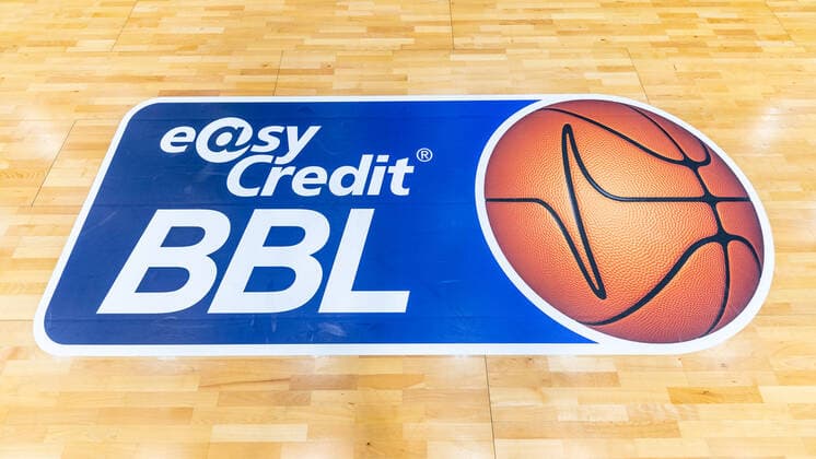 Logo easyCredit BBL sticker on floor during 2019 season 20 men in the EasyCredit Bundesliga between Syntainics MBC and MHP Riesen Ludwigsburgin Stadthalle Weissenfels on 25 September 2019 in Weissenfels, Sachsen Anhalt, Germany